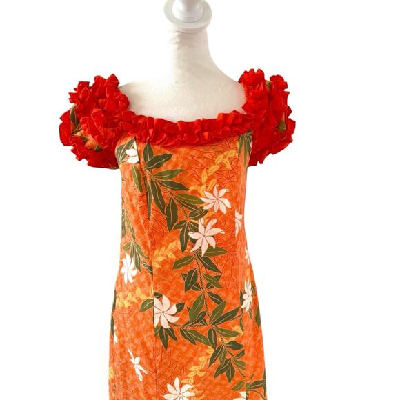 T&L Muumuu Factory Orange Puff Sleeve Vintage Hawaiian Aloha Dress Floral Ruffle - Picture 10 of 13